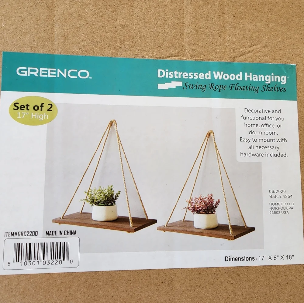 Set of Two Distressed Wood Hanging Swing Rope‎ Floating Shelves 17x8x18in